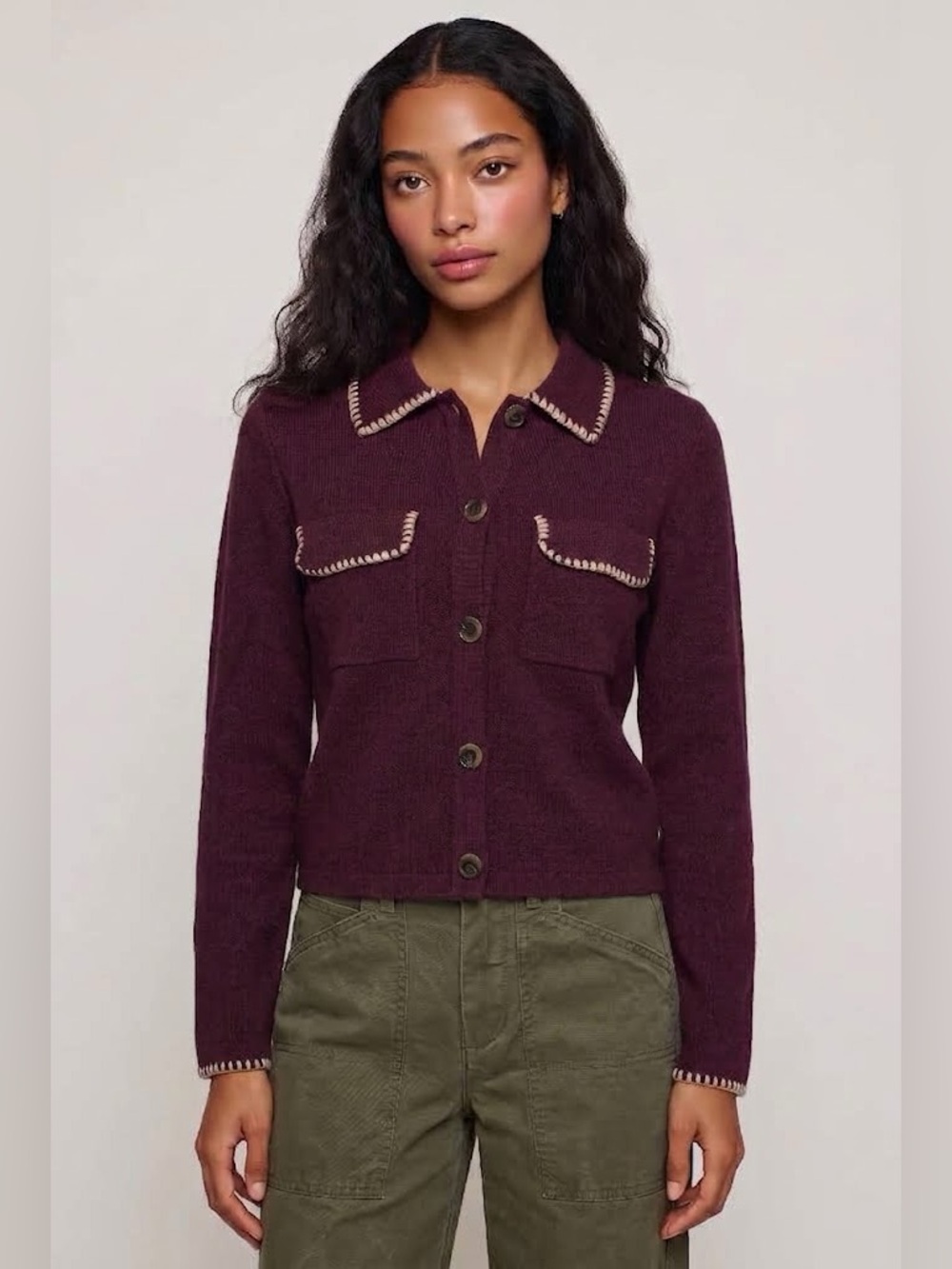 Joie Burgundy Maroon Crochet Trim Button Down Collared Cardigan Sweater Sz XL
